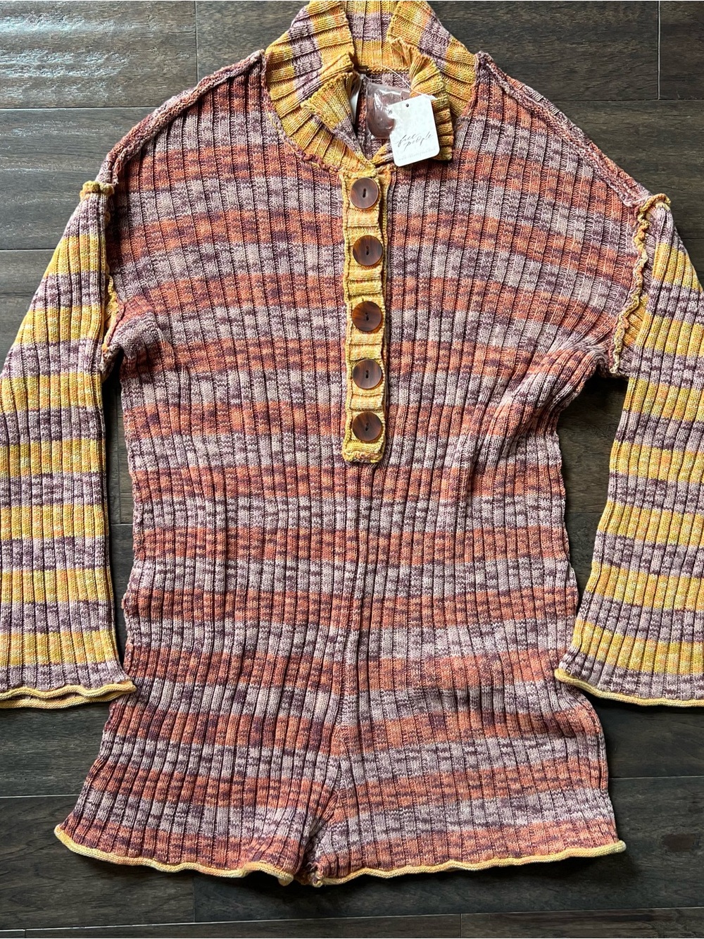 NWT Free People Striped Ribbed Button-Front Sweater Romper in Rust & Mustard